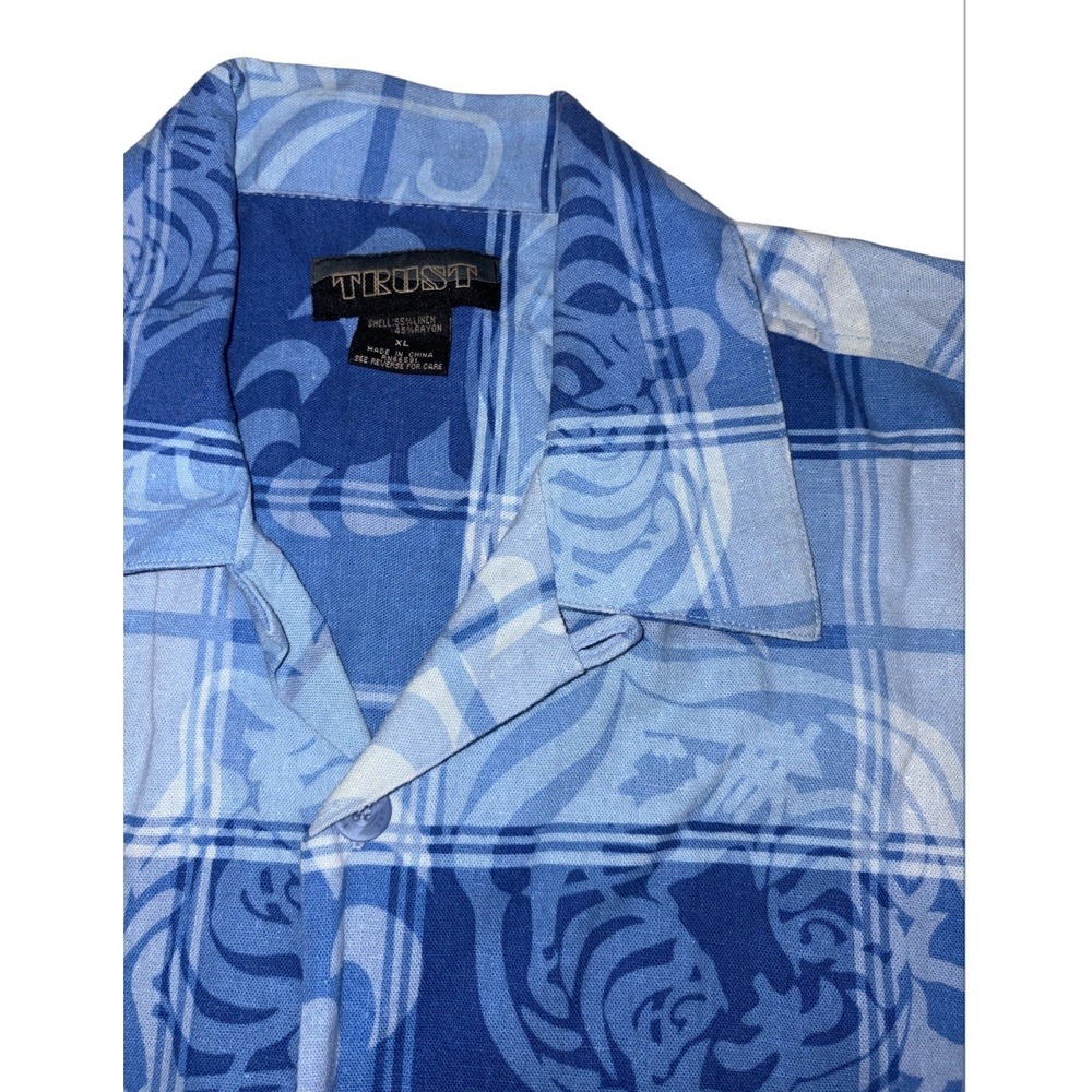 Trust Linen Camp Button Up Hawaiian Shirt Men's XL Tiger Plaid Blue White Loop